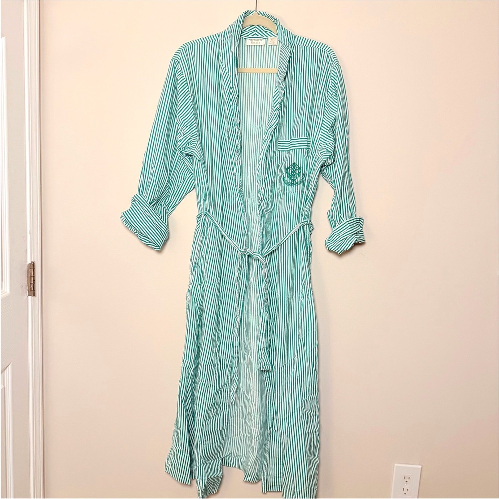 VTG Victoria's Secret Gold Label 100% Cotton Green Long Bathrobe Stripes SZ S
